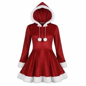 Red Hooded Dress with White Trim Size Large